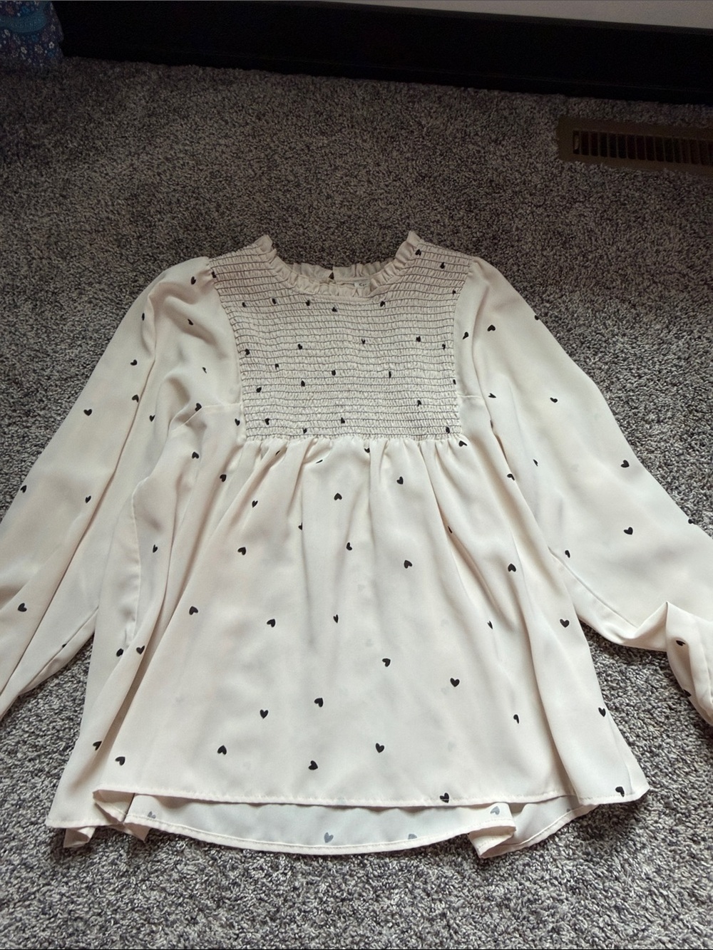 Cream Heart-Print Smocked Yoke Blouse